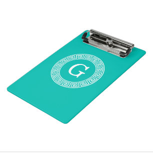 Teal Wht Greek Key Rnd Frame Initial Monogram Mini Clipboard