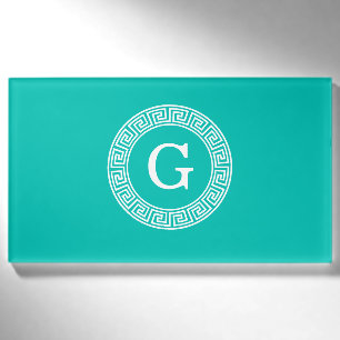 Teal Wht Greek Key Rnd Frame Initial Monogram Name Tag