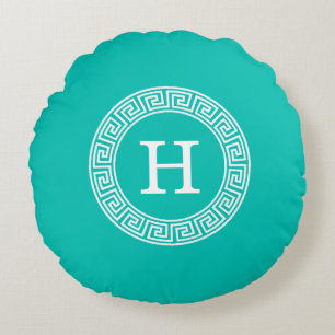 Teal Wht Greek Key Rnd Frame Initial Monogram Round Cushion