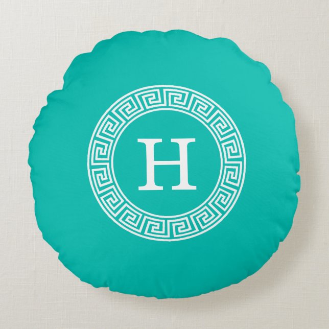 Teal Wht Greek Key Rnd Frame Initial Monogram Round Cushion (Front)