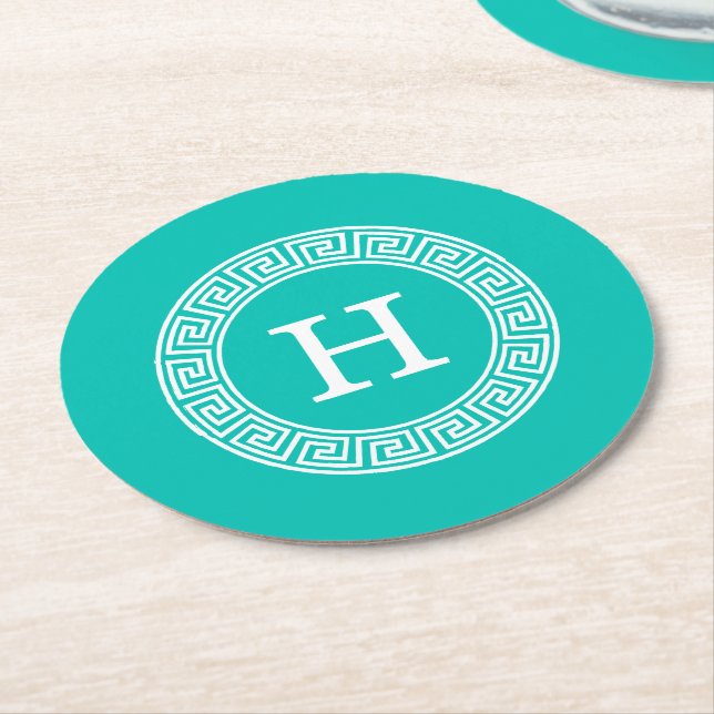 Teal Wht Greek Key Rnd Frame Initial Monogram Round Paper Coaster (Angled)