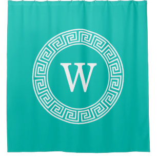 Teal Wht Greek Key Rnd Frame Initial Monogram Shower Curtain