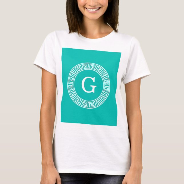 Teal Wht Greek Key Rnd Frame Initial Monogram T-Shirt (Front)