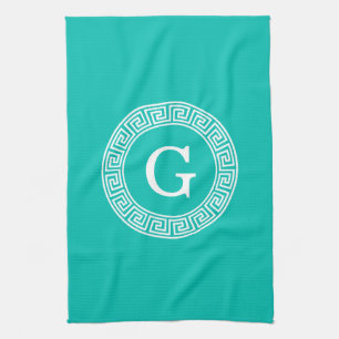 Teal Wht Greek Key Rnd Frame Initial Monogram Tea Towel
