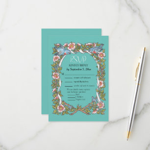 Teal Wildflower Bird Rose Border Floral Wedding RSVP Card