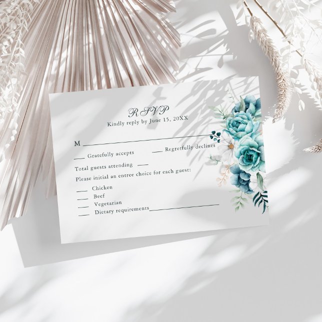 Teal Wildflower Botanical Wedding RSVP Card (Teal and Off-White Wildflowers Wedding RSVP Card on a sunny table with boho neutral dry botanicals)