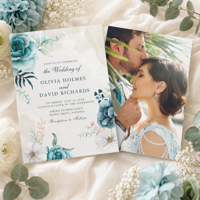 Teal Wildflower Photo Wedding Invitation (Teal Wildflower Photo Wedding Invitation)
