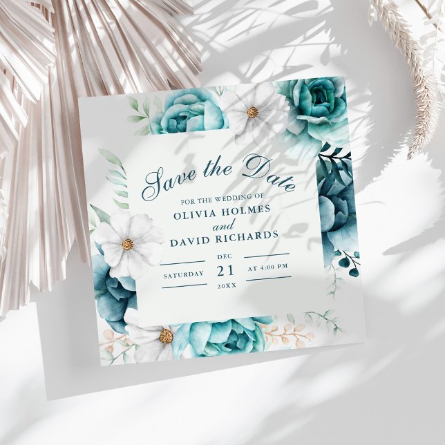 Teal Wildflower Save the Date | Boho Floral (Teal and Off-White Wildflowers Save The Date Card on a white boho table with dry palm leaf.)