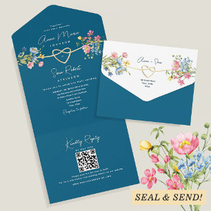 Teal Wildflower Wedding All In One Invitation