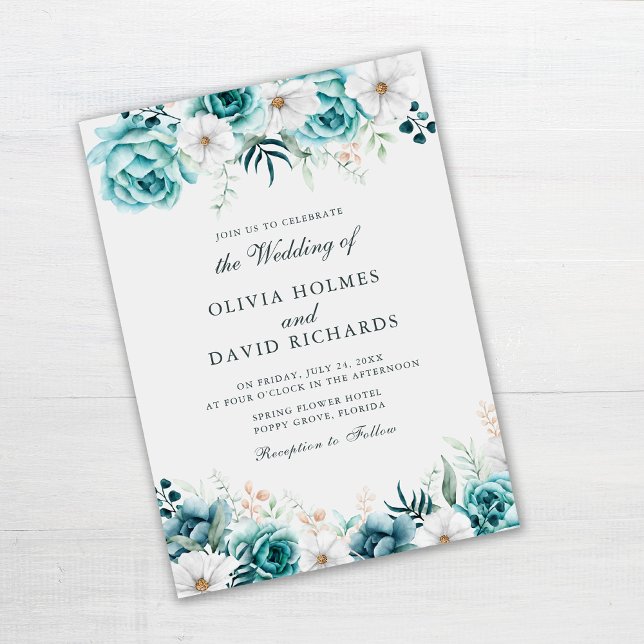 Teal Wildflower Wedding | Off White Boho Floral Invitation (Off-White Teal Floral Wedding Invitation on gray table)