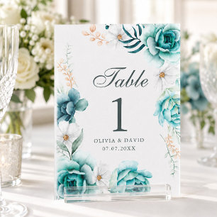 Teal Wildflower Wedding Table Number Sign