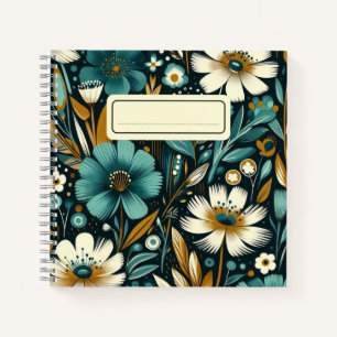 Teal Wildflowers & Birds – Modern Folk Art Vibes Notebook
