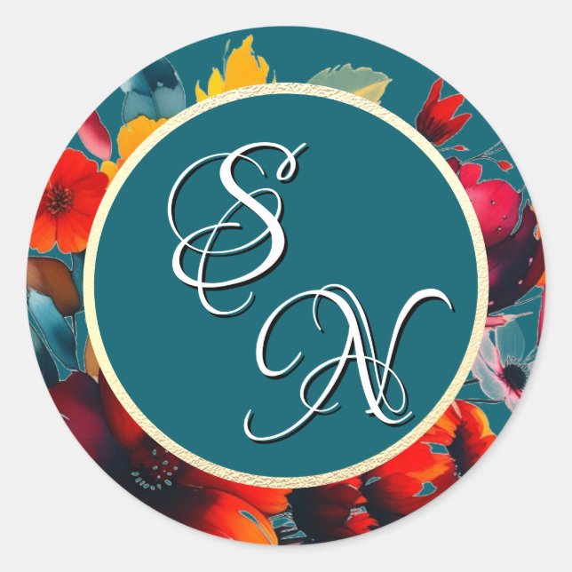 Teal Wildflowers Bouquet Monogram Initials Sticker (Front)
