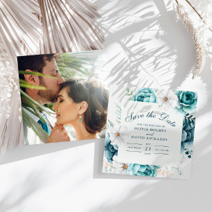 Teal Wildflowers Couple Photo Save The Date Card