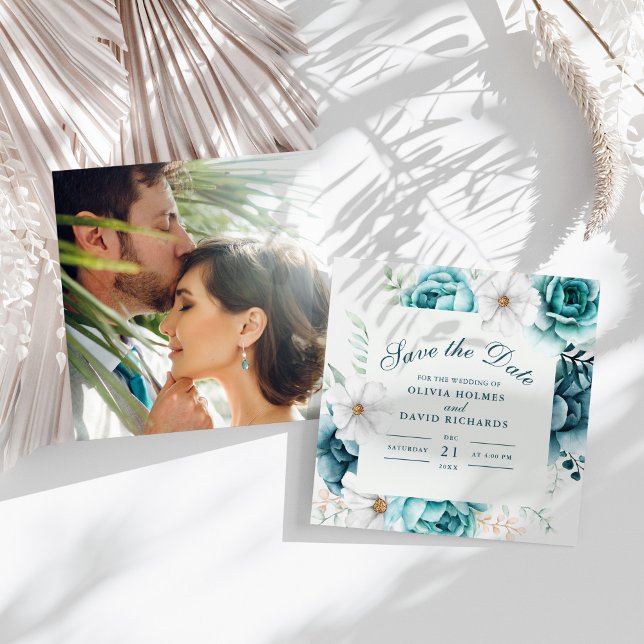 Teal Wildflowers Couple Photo Save The Date Card (Teal Wildflowers Couple Photo Save The Date Card on a sunny white table.)