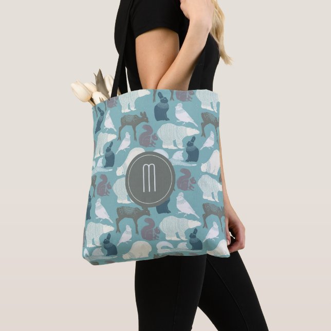Teal Wildlife Winter Pattern Monogram Tote Bag (Close Up)