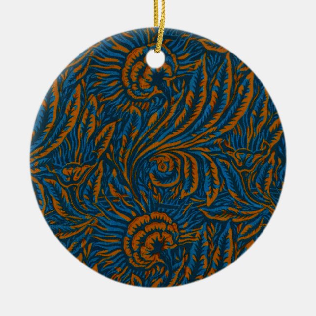 Teal William Morris Style Acanthus Leaf Botanical Ceramic Tree Decoration (Front)