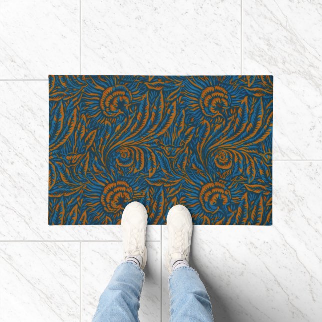 Teal William Morris Style Acanthus Leaf Botanical Doormat (Indoor)