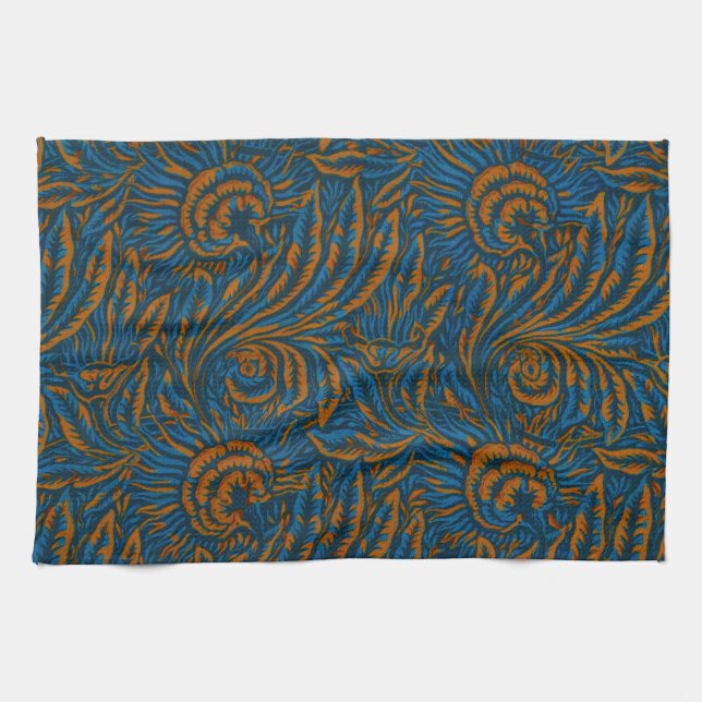 Teal William Morris Style Acanthus Leaf Botanical Tea Towel (Horizontal)