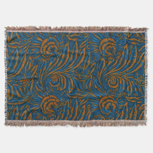Teal William Morris Style Acanthus Leaf Botanical Throw Blanket (Front)