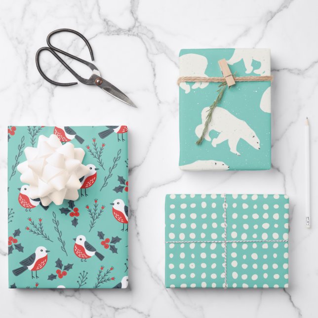Teal Winter Christmas Theme Patterned Gift Wrapping Paper Sheet (Front)