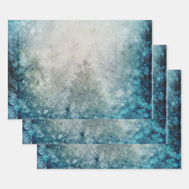Teal Winter Pine Tree Forest Wrapping Paper Sheet (Set)