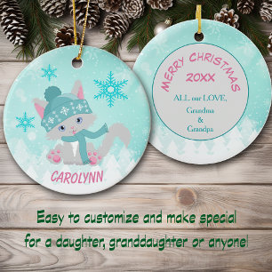 Teal Winter Snowflake Kitten Kid's Ceramic Tree Decoration