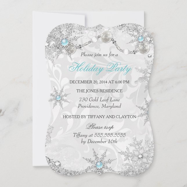Teal Winter Wonderland Damask Holiday Party Invitation (Front)