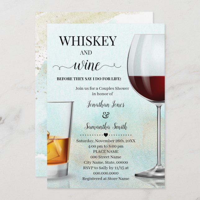 Teal with Gold Whiskey & wine before I do Shower Invitation (Front/Back)