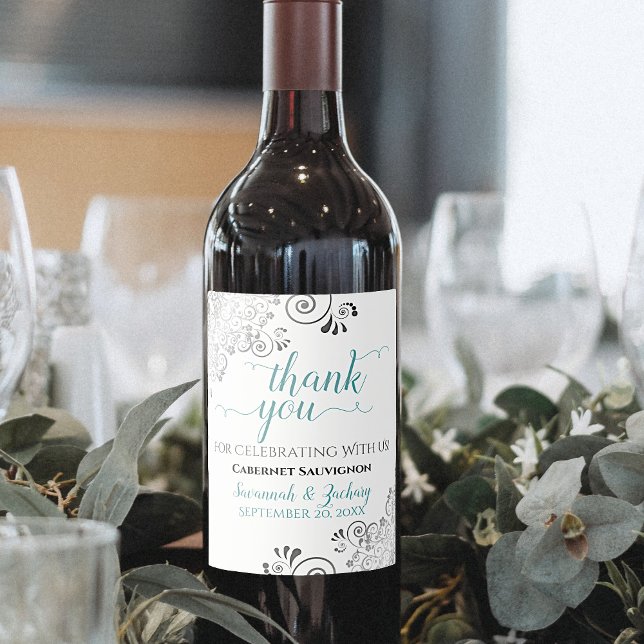 Teal with Gray Frills on White Wedding Thank You Wine Label (Creator Uploaded)