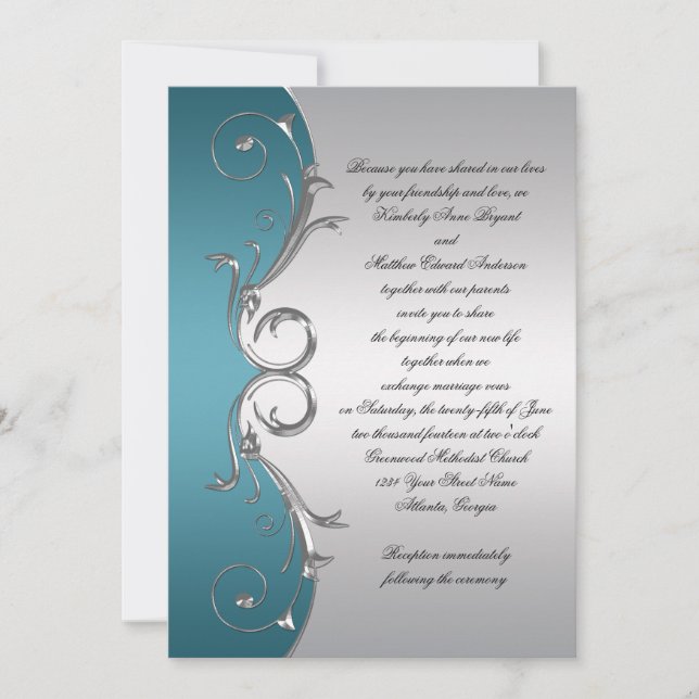 Teal with Ornate Silver Swirls Wedding Celebration Invitation (Front)