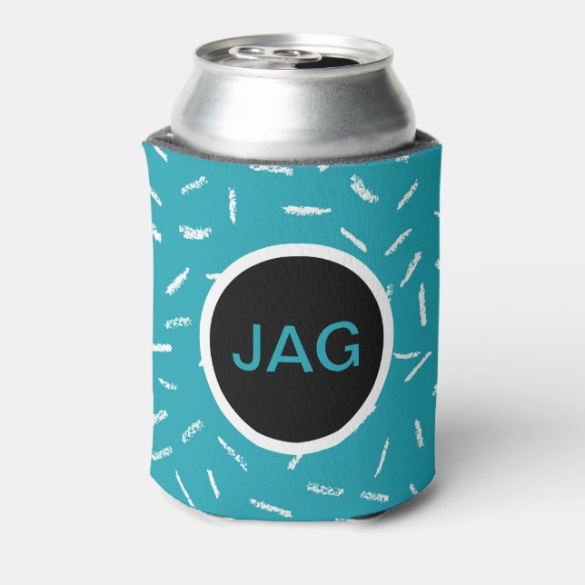 Teal with White Confetti, Monogram circle Can Cooler (Can Back)