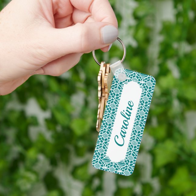 Teal With White Crochet Lace Pattern Key Ring (Hand)