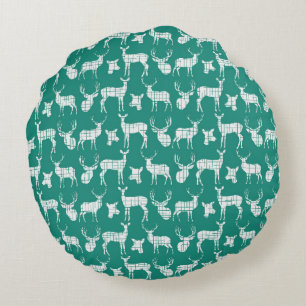 Teal With White Deer Round Pillow