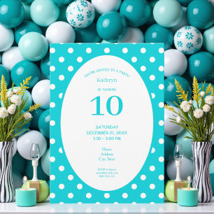Teal with White Polka Dots Birthday Party Invitation