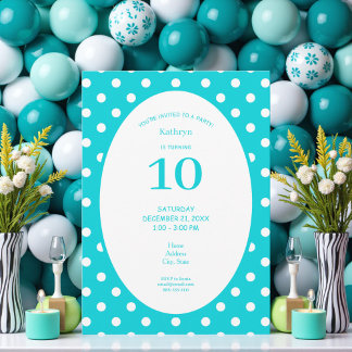 Teal with White Polka Dots Birthday Party Invitation