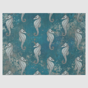 Teal with White Seahorse Decoupage Tissue Paper