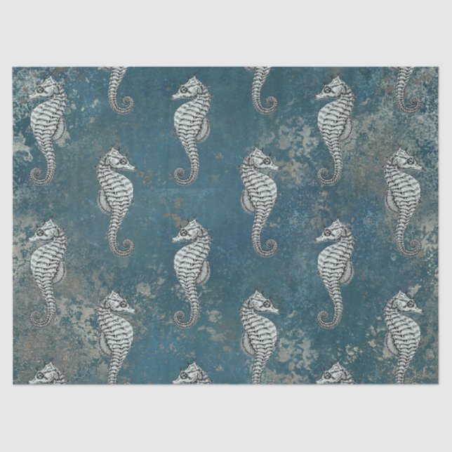 Teal with White Seahorse Decoupage Tissue Paper (Front)