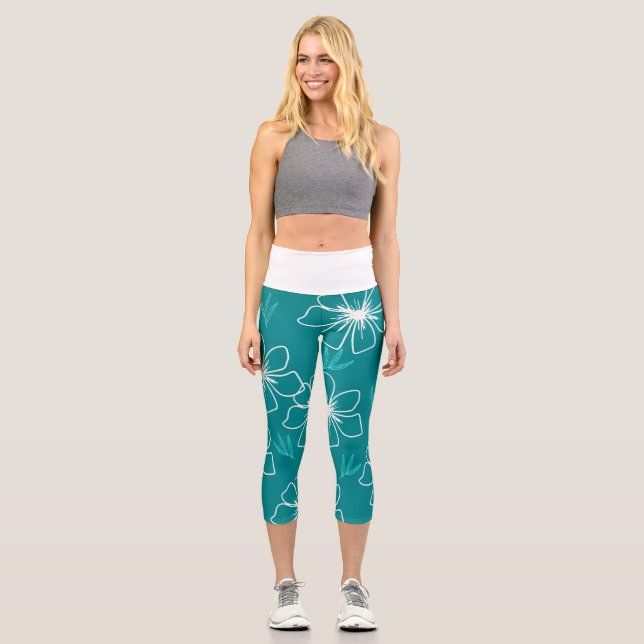 Teal with White Transparent Flowers Capri Leggings (Front)