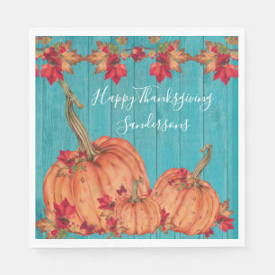 Teal Wood  Autumn Orange Pumpkins Fall Leaves   Napkin