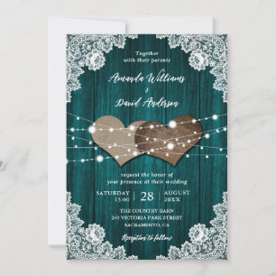 Teal Wood Burlap Floral Lace Country Wedding Invitation