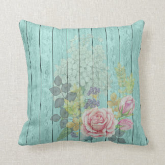 Teal Wood Effect Pink Roses Floral Bouquet Cushion