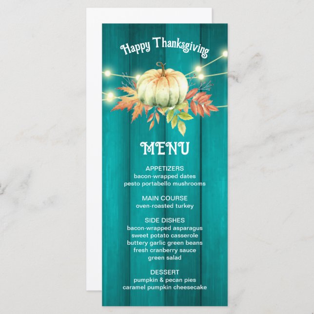 Teal Wood Grain Pumpkin Autumn Thanksgiving Menu (Front/Back)
