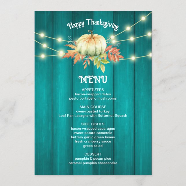 Teal Wood Grain Pumpkin Fall Thanksgiving Menu (Front)