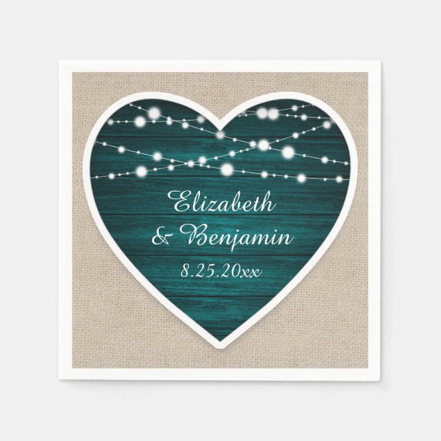 Teal Wood Heart String Lights Burlap Wedding Napkin (Front)