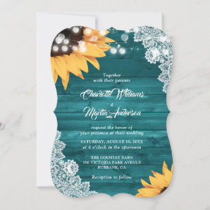 Teal Wood Lace String Lights Sunflower Wedding Invitation