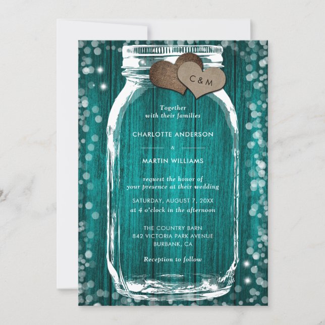 Teal Wood Mason Jar Rustic Fall Wedding Invitation (Front)