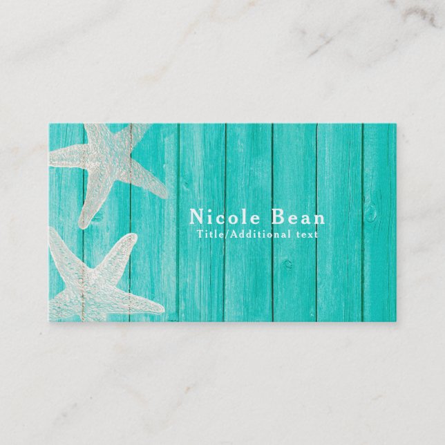Teal Wood & Starfish Beach Elegant Chic Tropical Business Card (Front)