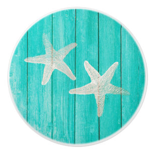 Teal Wood & Starfish Beach Elegant Chic Tropical Ceramic Knob