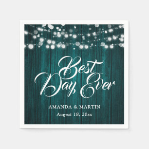 Teal Wood String Lights Rustic Wedding Napkin